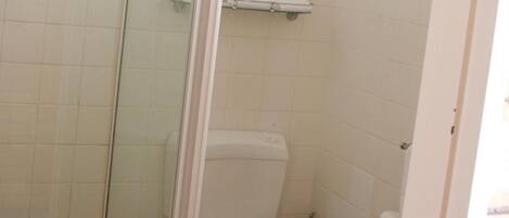 A bathroom with a glass shower enclosure, a toilet, and a small shelf above the toilet.