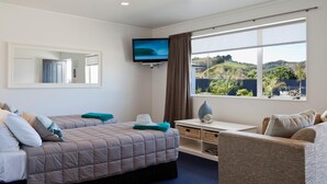 Une chambre d’hôtel avec deux lits, une télévision, une grande fenêtre donnant sur des collines et un petit coin salon.