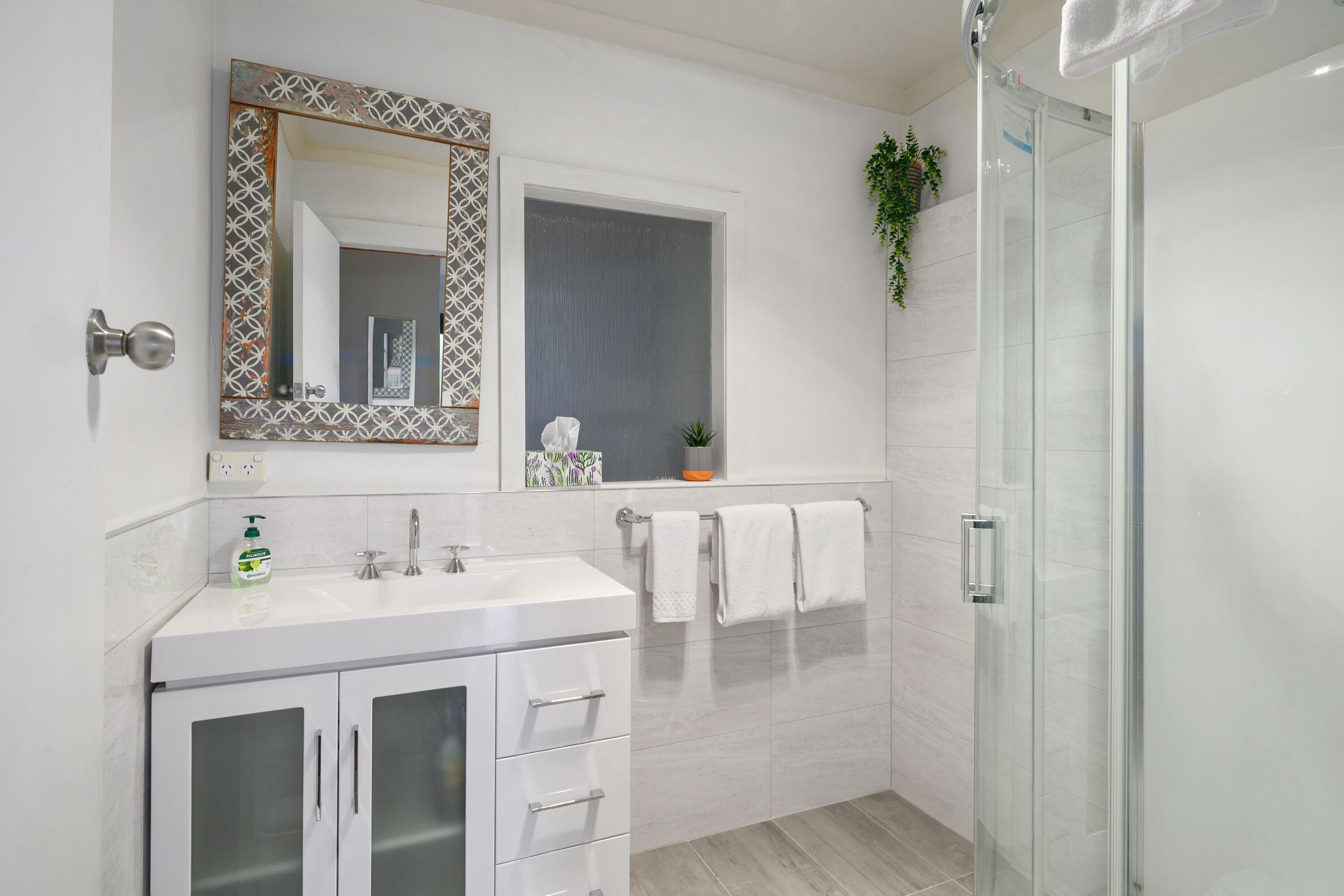 Une salle de bain moderne avec un meuble-lavabo blanc, un grand miroir doté d’un cadre décoratif, une cabine de douche en verre et une plante en pot accrochée au mur.