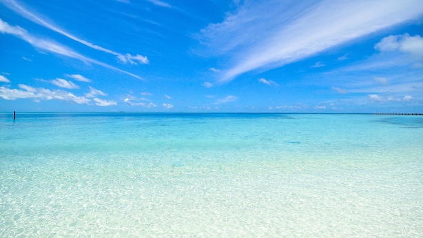 A clear blue sky over a calm sea with a pier extending into the water.