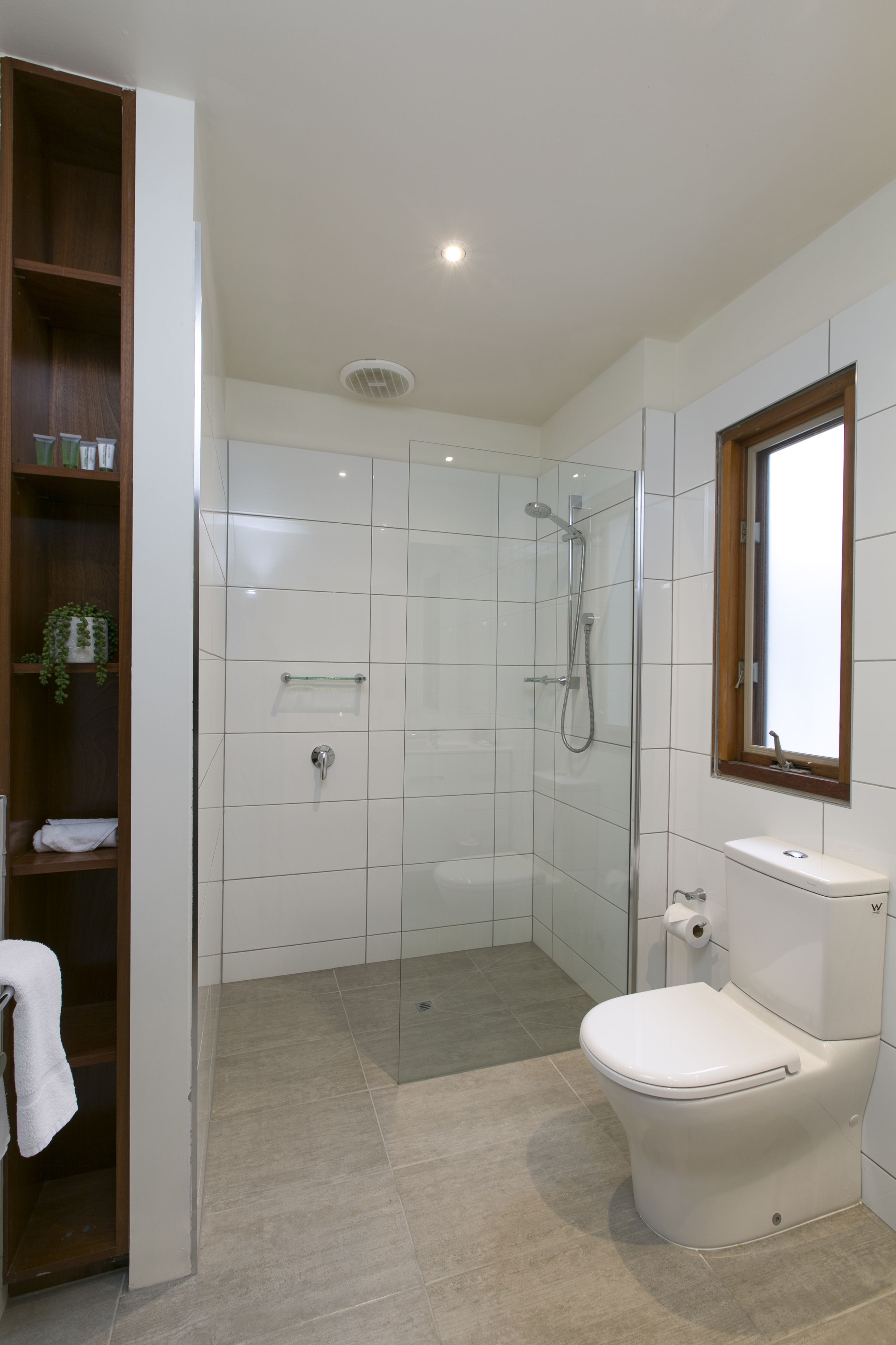 A modern bathroom with a glass-enclosed shower, a toilet, and a shelf with toiletries.