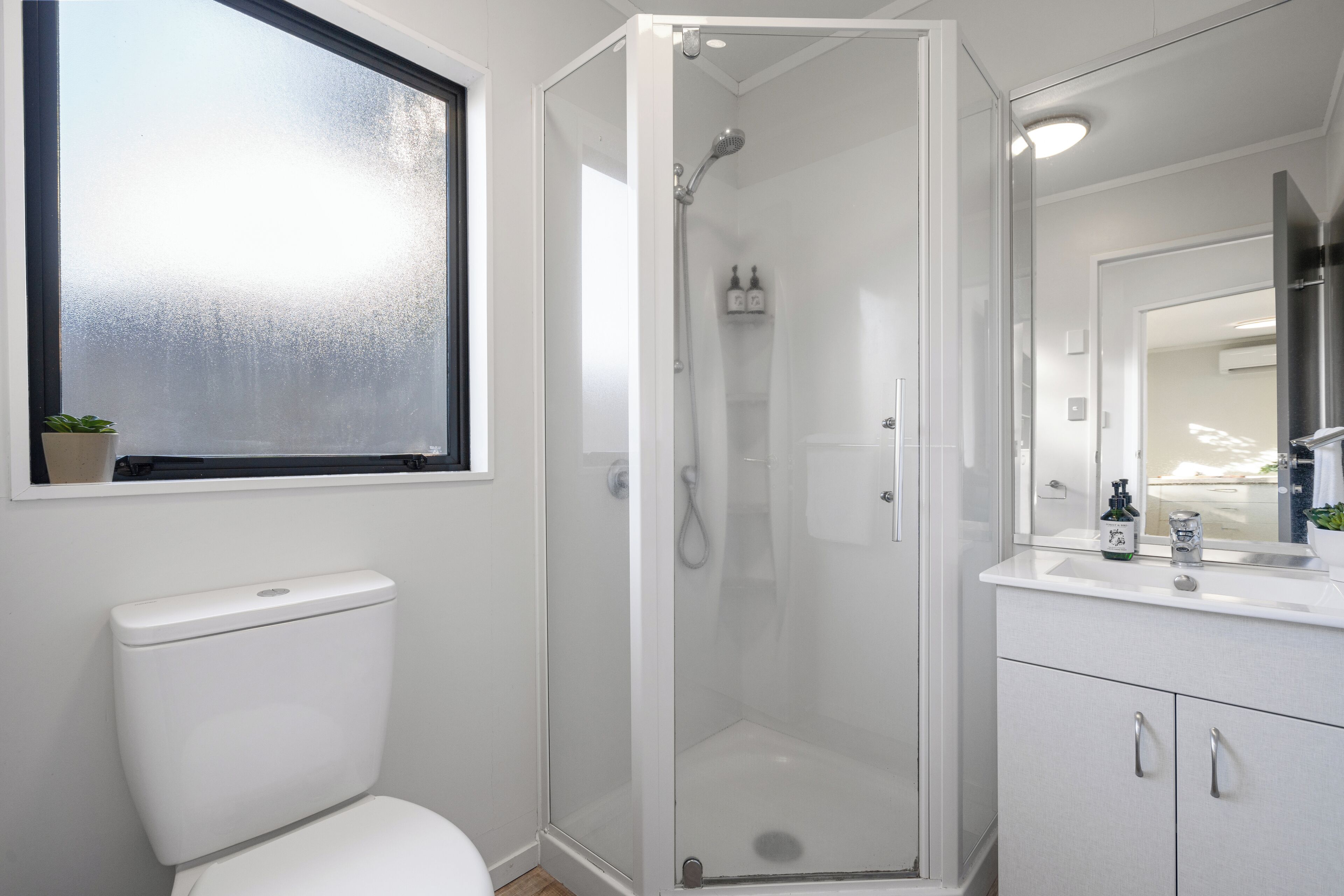 A modern bathroom with a toilet, a glass-enclosed shower, and a sink with a mirror above it.