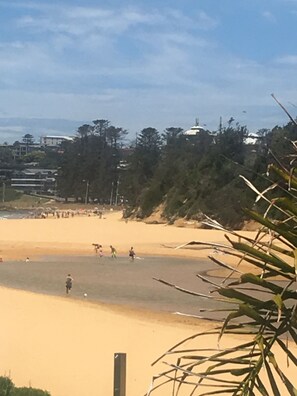 A beach with people playing, a sandy shore, and buildings in the background. - The Clan Terrigal (Wamberal)