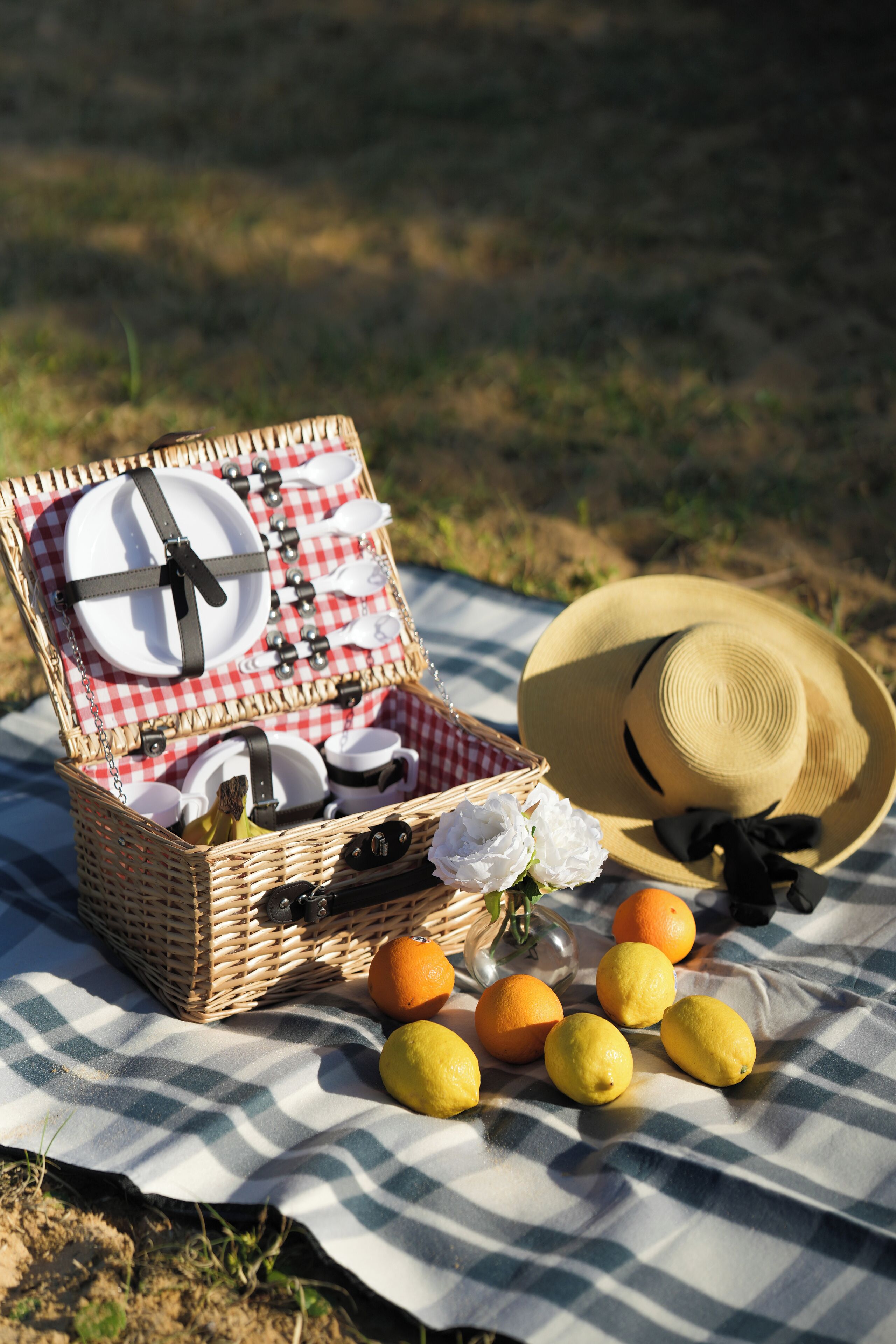 Ein Picknick-Arrangement mit einer Korb voller Geschirr, Zitronen und einem Strohhut auf kariertem Tuch.