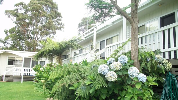 Un edificio con un porche y un jardín de flores de hortensia.