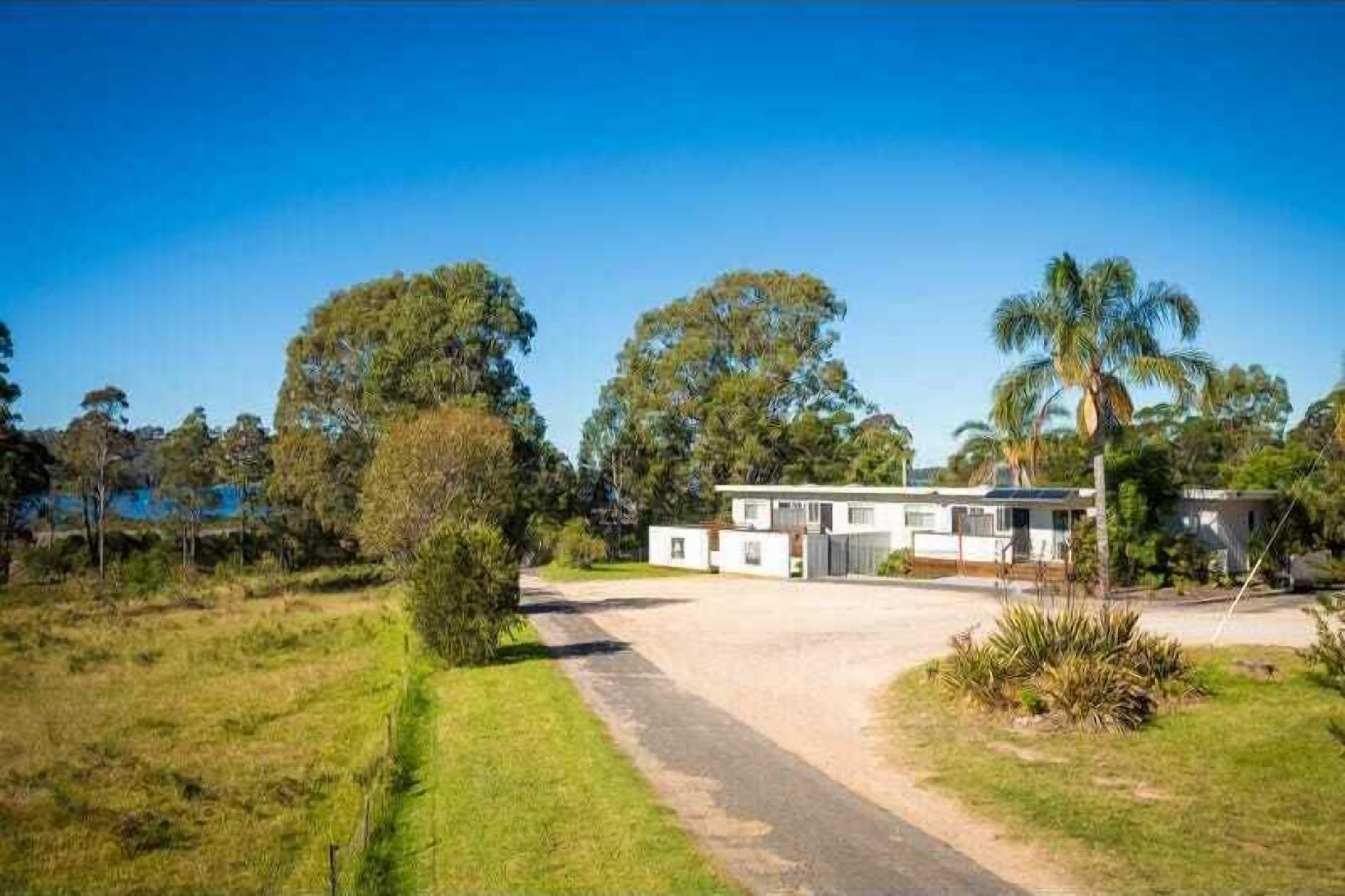 A single-story house with a driveway leading to a gated entrance, surrounded by lush greenery and trees.