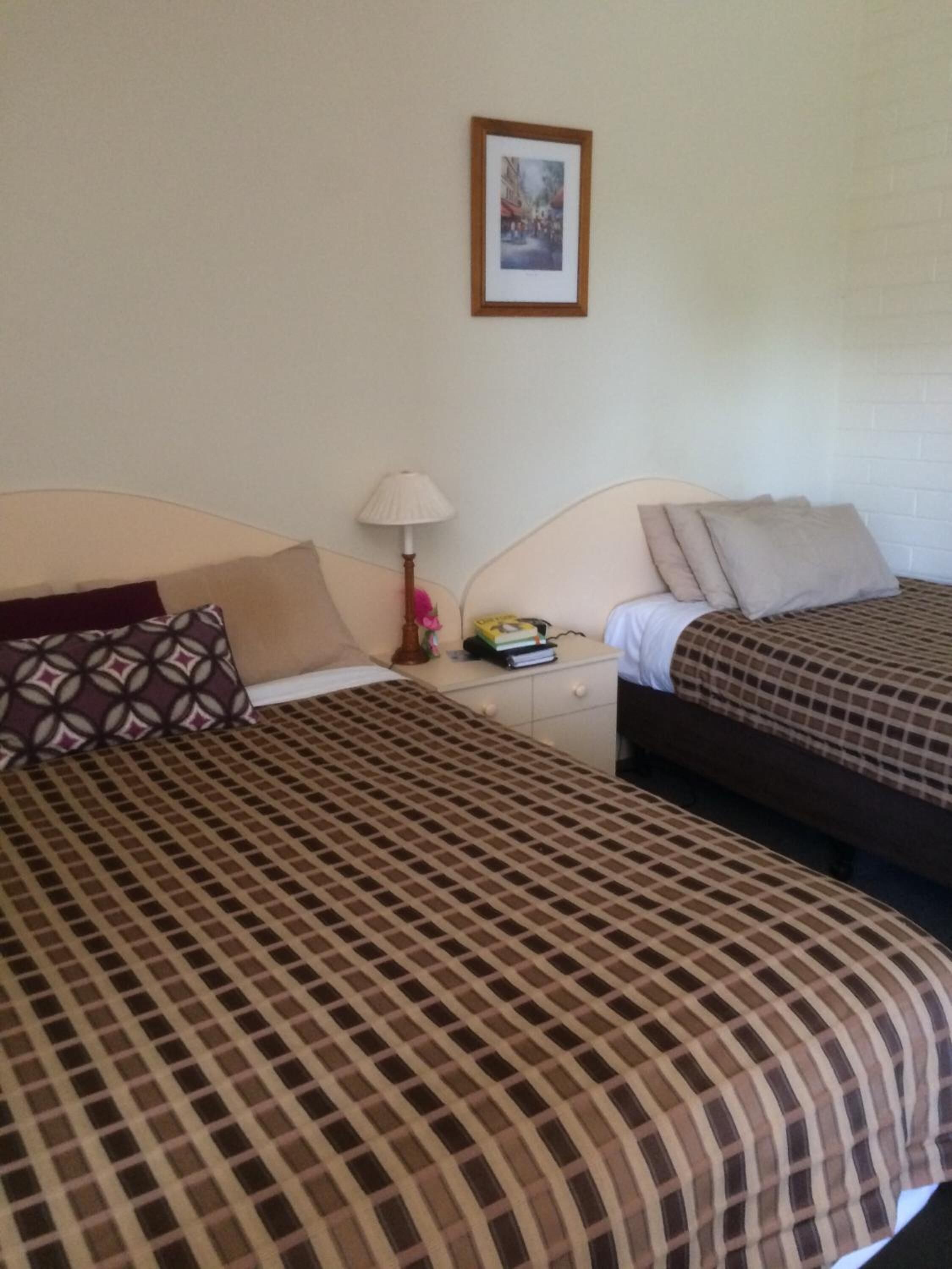 Two beds with checkered bedding, a nightstand with a lamp and books, and a framed picture on the wall.
