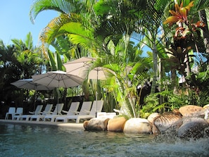 A pool area with lounge chairs and umbrellas, surrounded by palm trees and rocks. - Island Palms Resort (Nelly Bay)