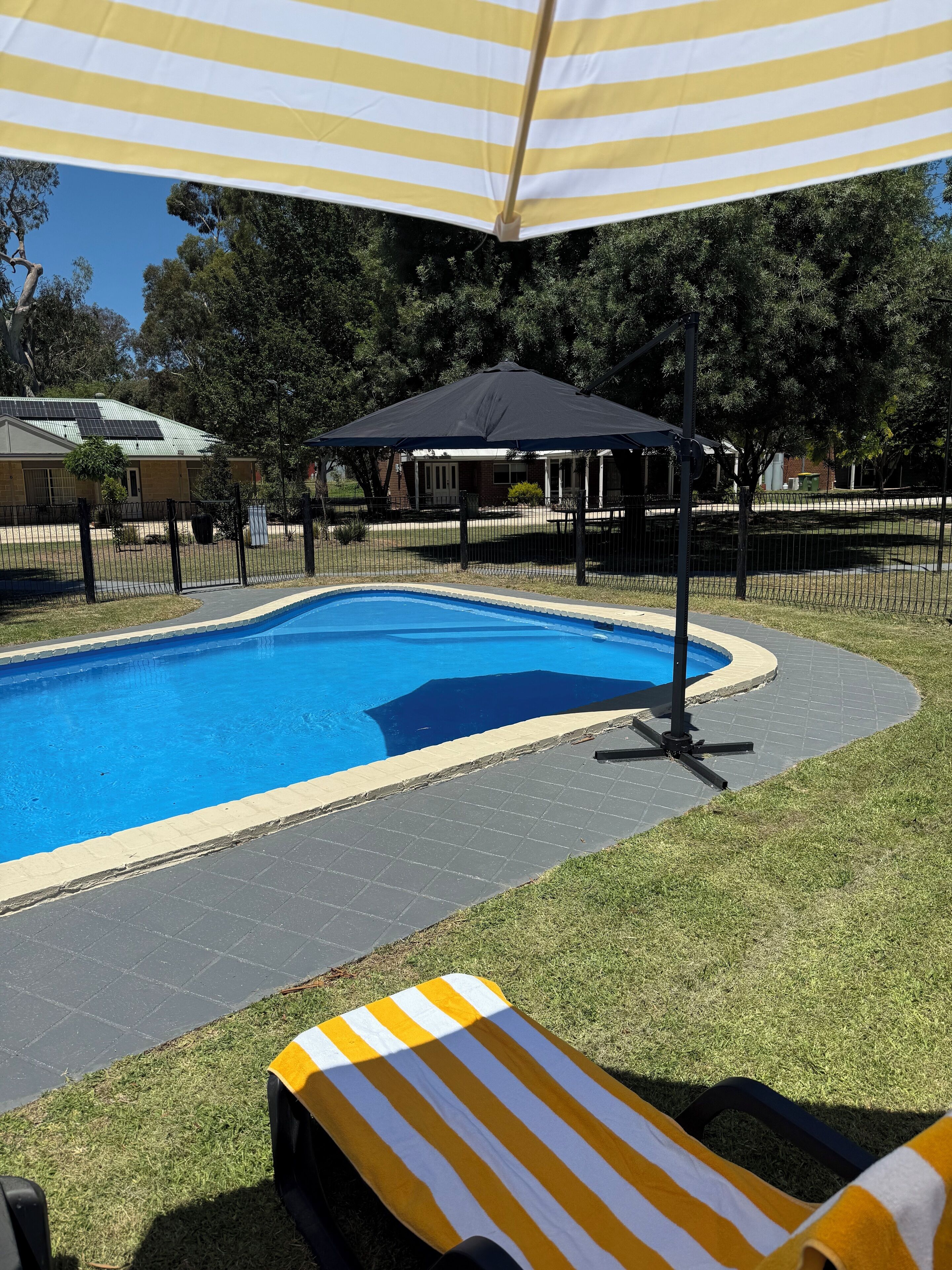 A swimming pool with a black umbrella and lounge chairs.