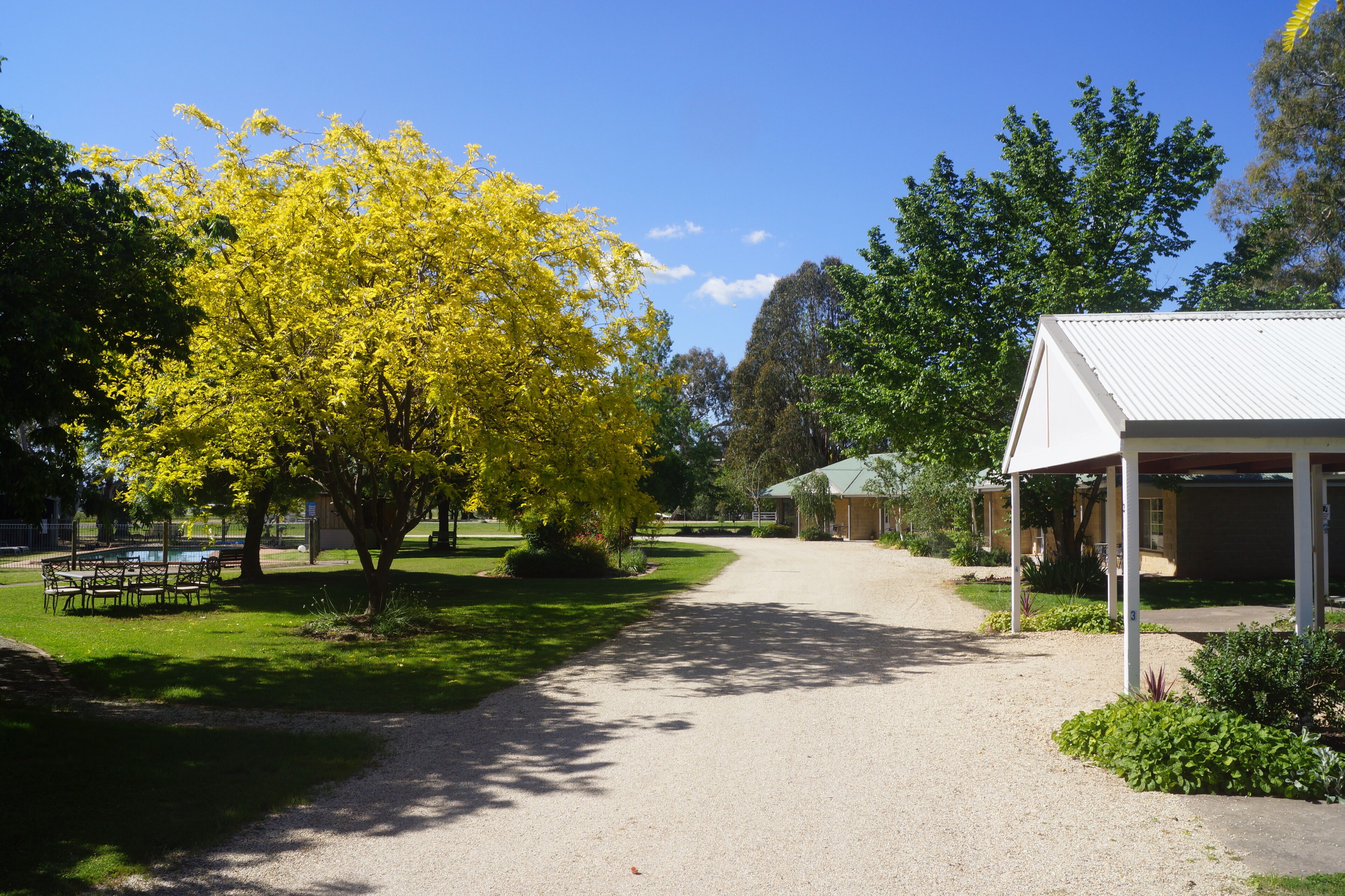 A gravel path leading to a covered pavilion with a white roof, surrounded by green grass and trees with yellow foliage.