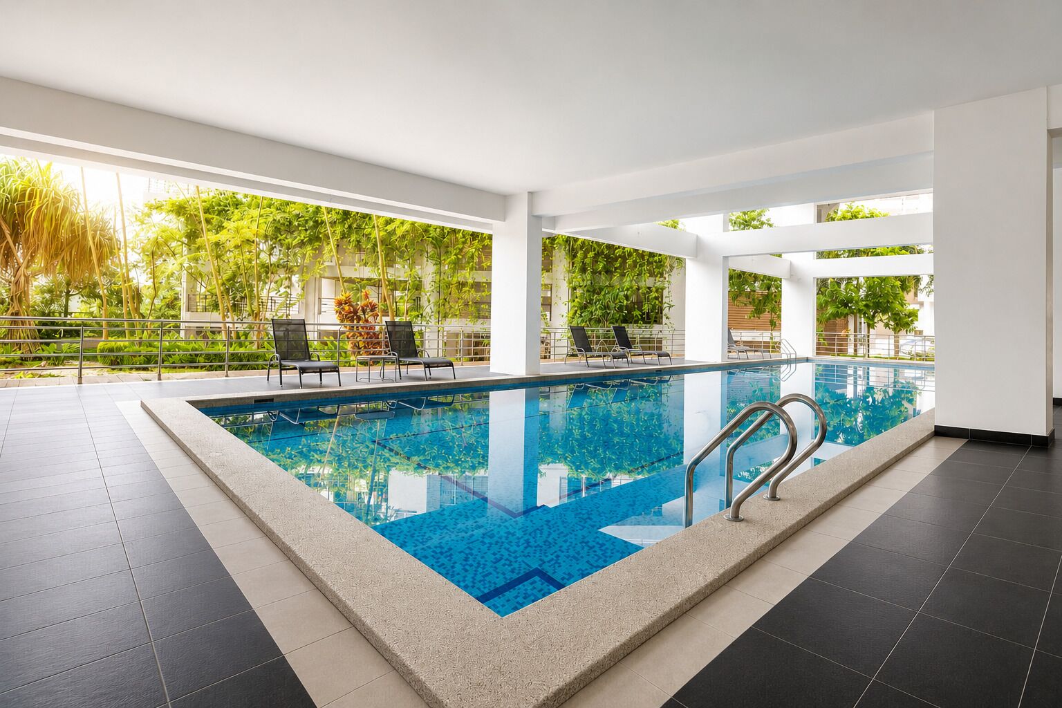 Una piscina techada, sillones reclinables de piscina