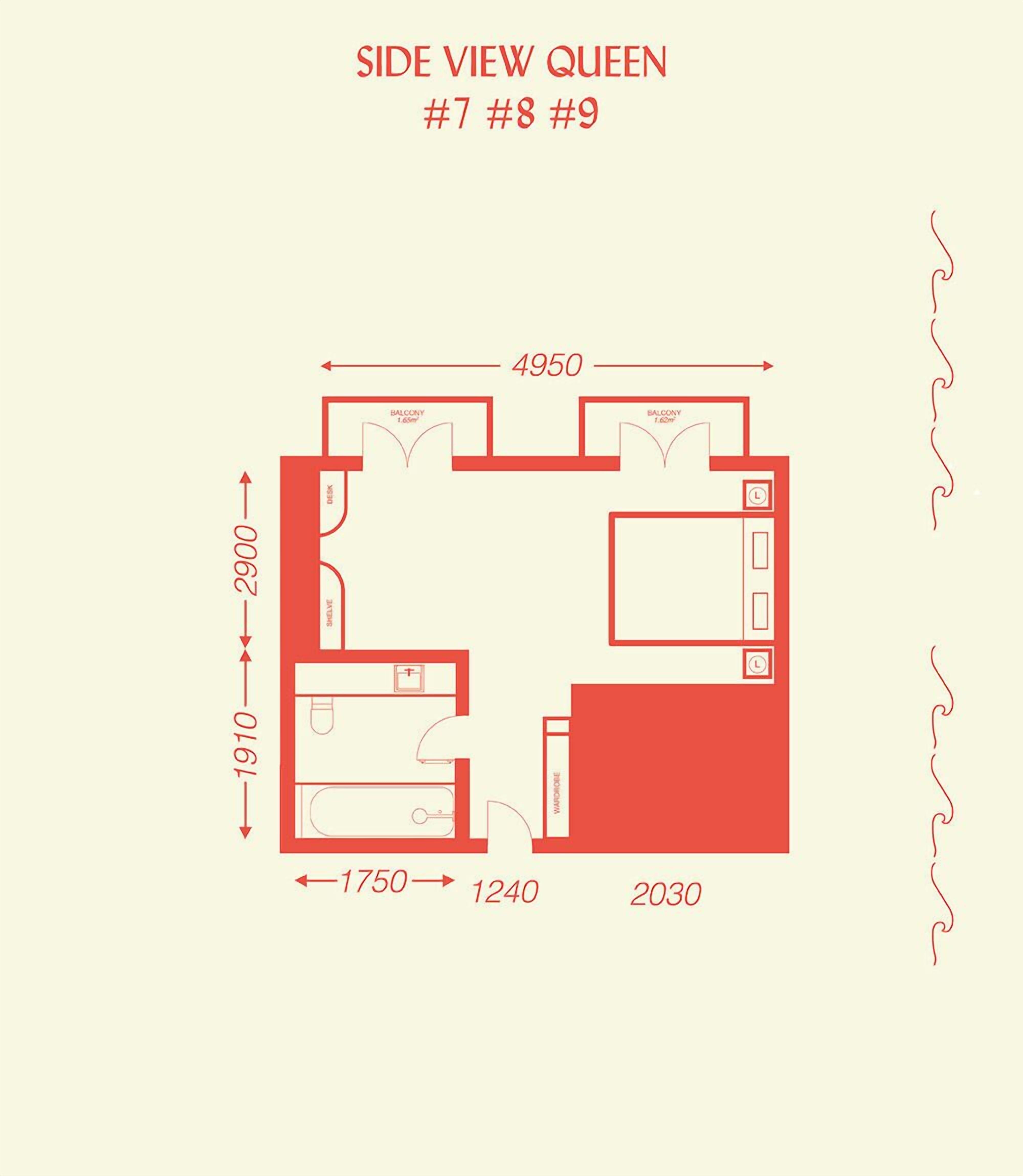 A floor plan of a hotel named "Side View Queen" with dimensions 4950x2900, including a balcony and a wardrobe.