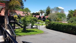 A residential area with a paved driveway, wooden bridge, and a well-maintained lawn.