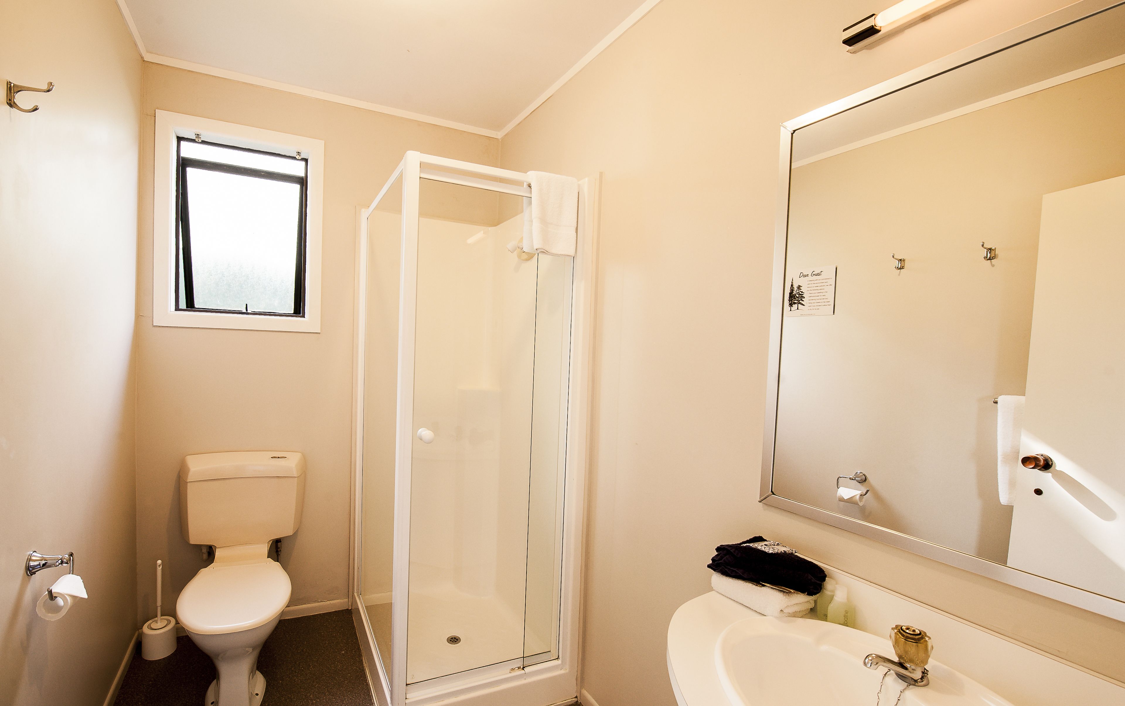 A bathroom with a toilet, a glass-enclosed shower, a sink, and a mirror.