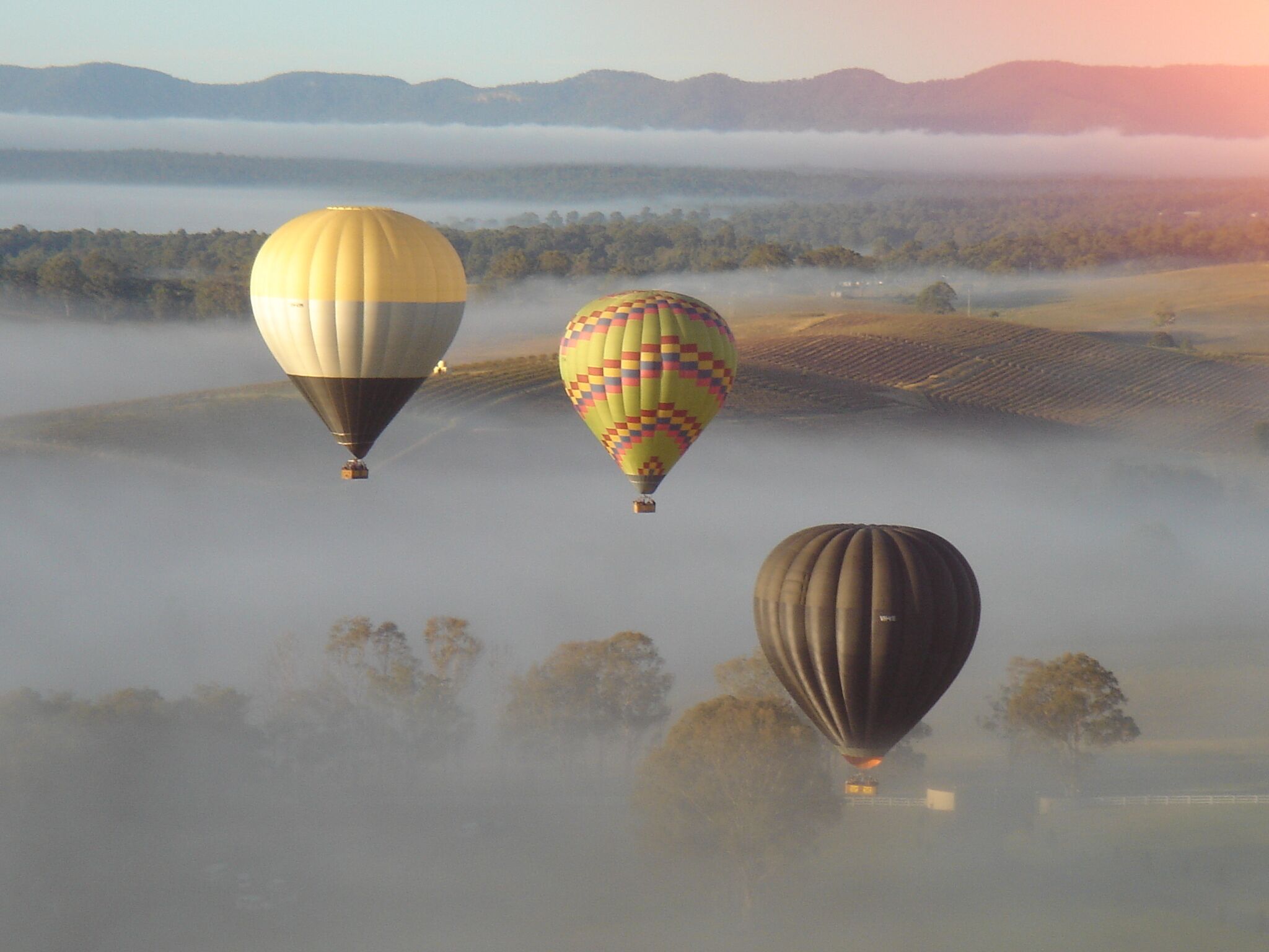 Three hot air balloons over a misty landscape with mountains in the background.
