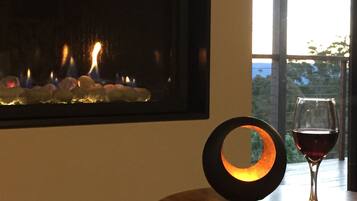 A fireplace with a glass door, a wine glass, and a circular object on a table.
