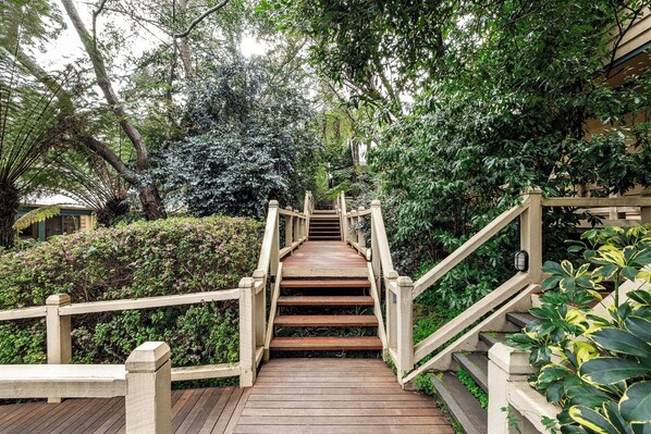A wooden staircase surrounded by lush greenery, leading to a building.