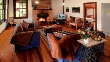 LCD TV, fireplace, DVD player