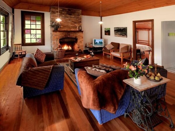 LCD TV, fireplace, DVD player