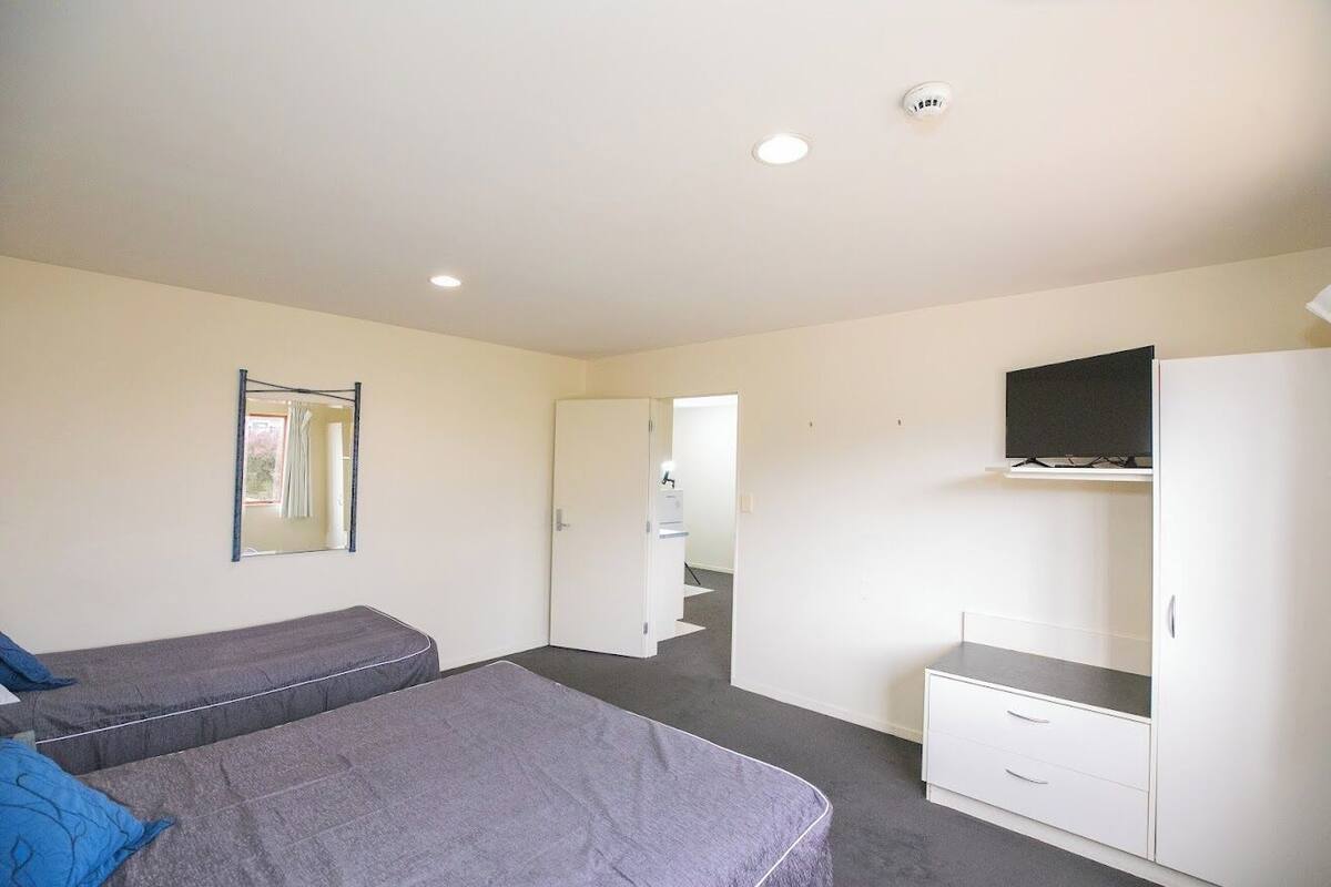 A bedroom with two beds, a wardrobe, a television, and a mirror.