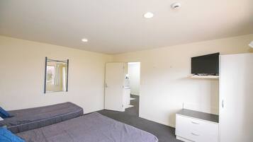 A bedroom with two beds, a wardrobe, a television, and a mirror.