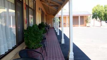 A covered outdoor seating area with potted plants and tables.