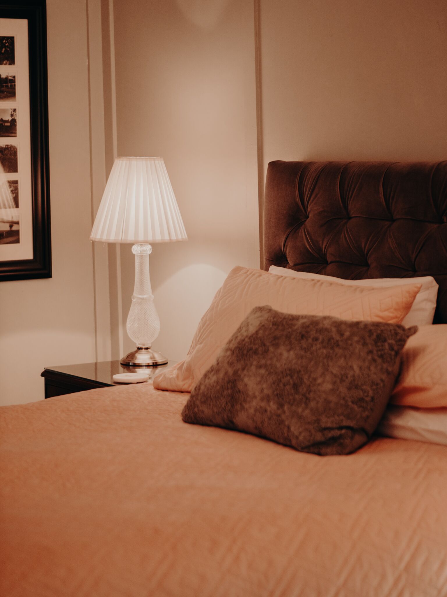 A neatly made bed with a brown headboard, a white lamp, and a framed picture on the wall.