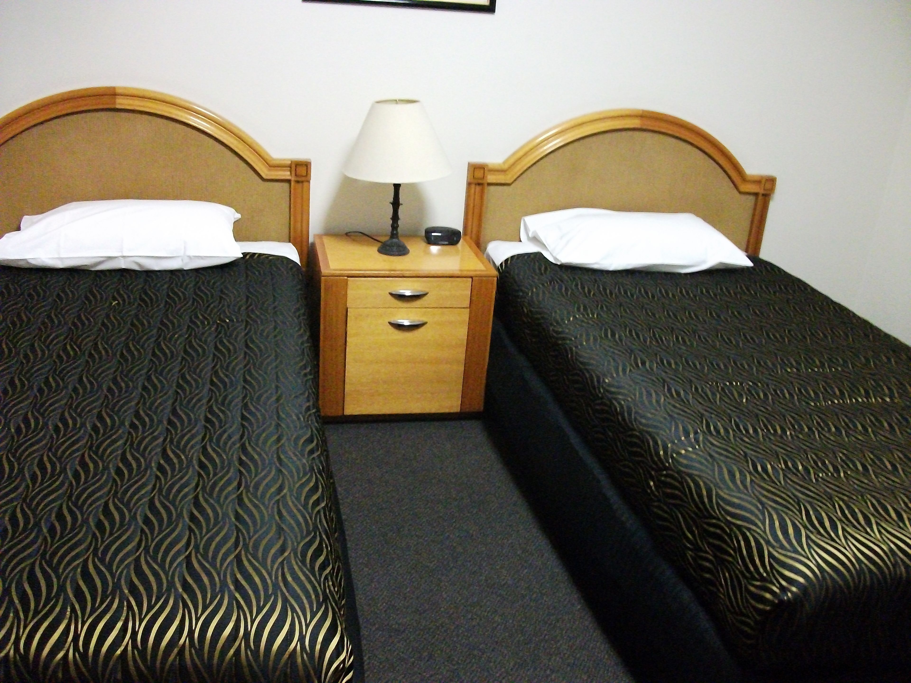 A hotel room with two single beds, a nightstand with a lamp, and a wooden headboard.