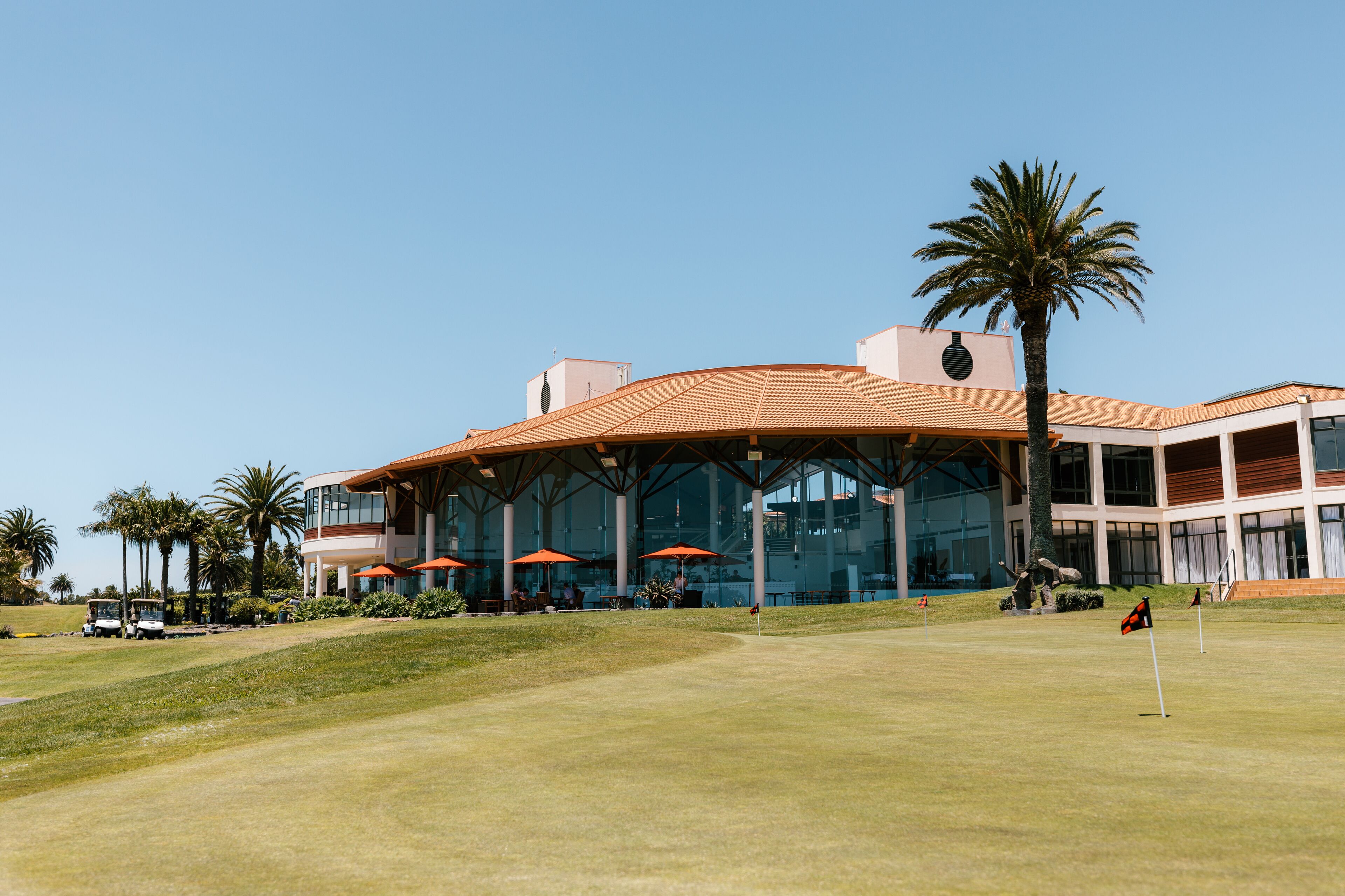 A modern building with a curved roof and large glass windows, surrounded by a well-maintained lawn and palm trees.