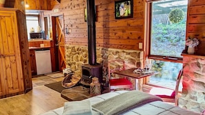 Un interior acogedor de cabaña con chimenea de piedra, una cama con vistas, paredes de madera y una zona de cocina.