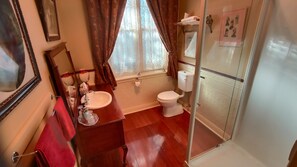 Shower, free toiletries, towels, soap