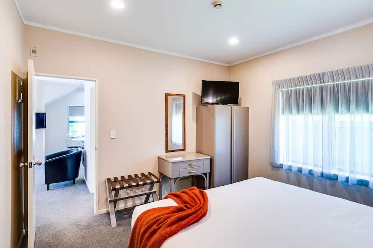 A hotel room with a bed, a desk, a television, a wardrobe, and a bathroom.
