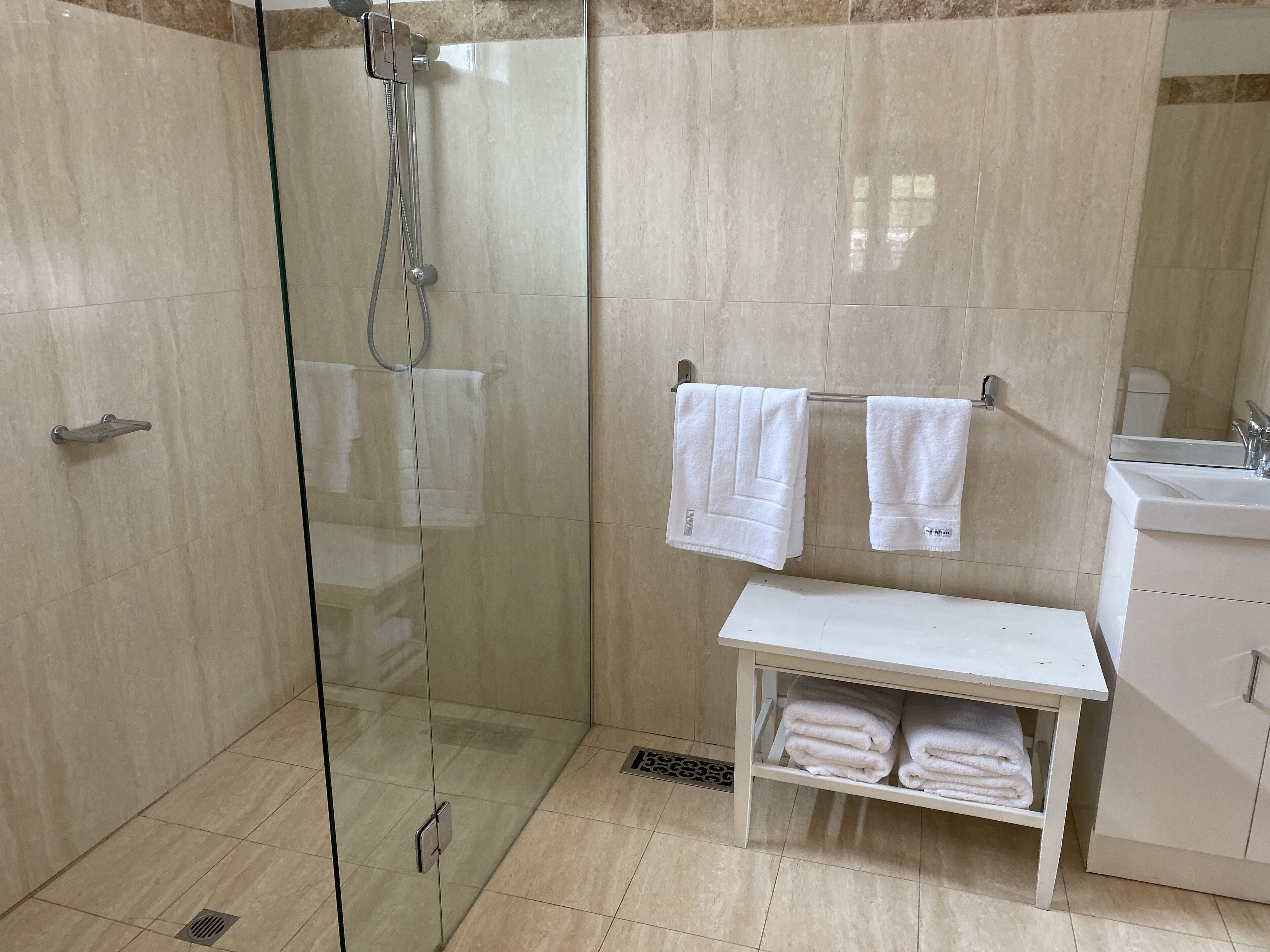 Separate bathtub and shower, jetted bath, rainfall showerhead
