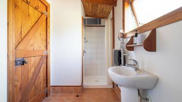 Une salle de bain avec une porte en bois, un lavabo et une douche.