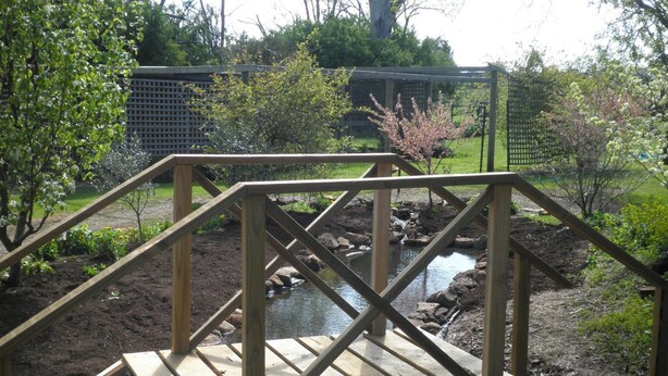 Un puente de madera sobre un pequeño arroyo en un jardín, con una cerca y árboles al fondo.