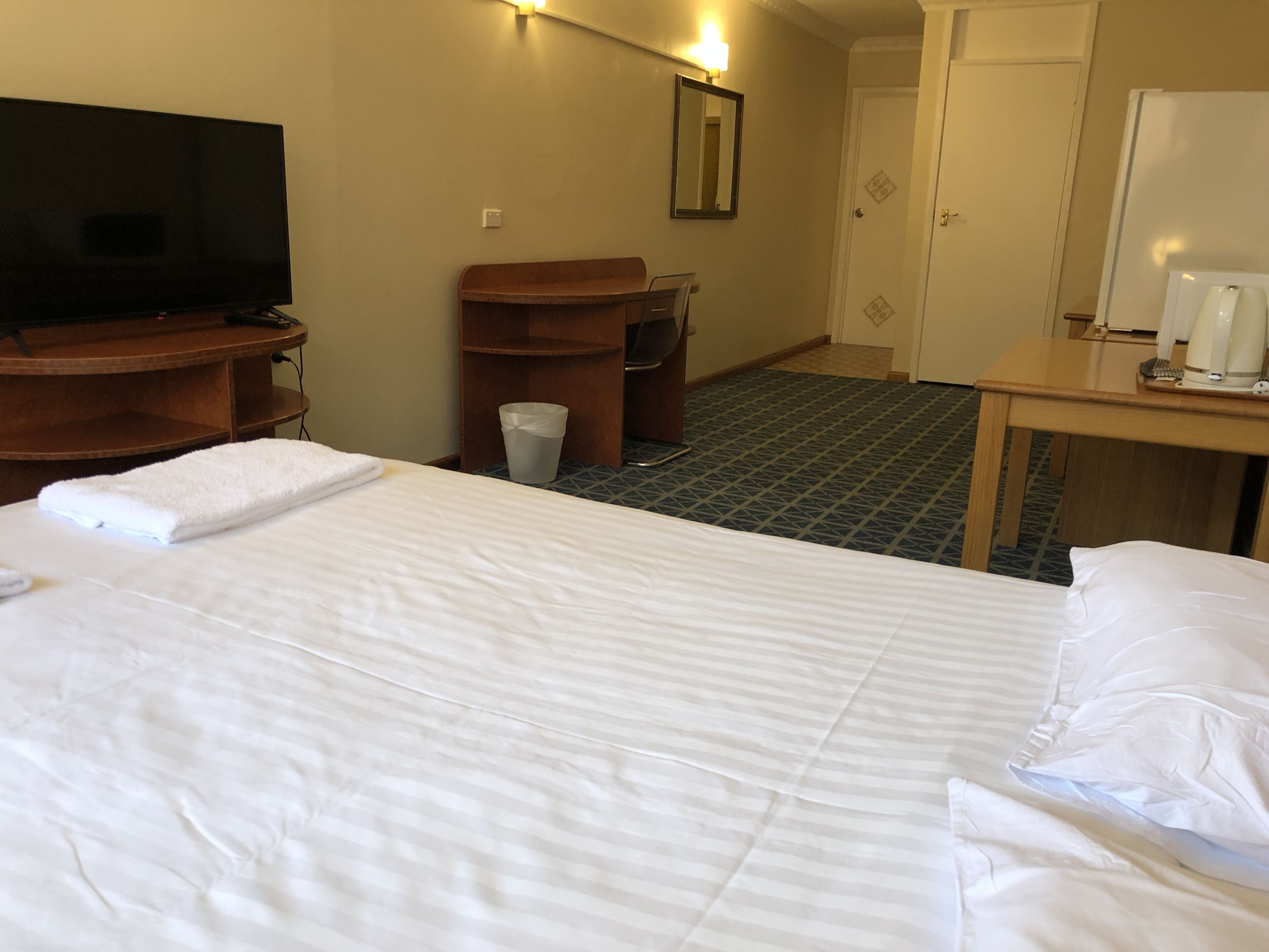 A hotel room with a bed, a television, a desk, a chair, and a trash bin.