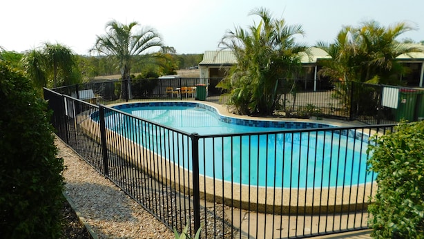 A swimming pool surrounded by a black metal fence, with palm trees and greenery in the background. - Hatton Vale Motel (Hatton Vale)