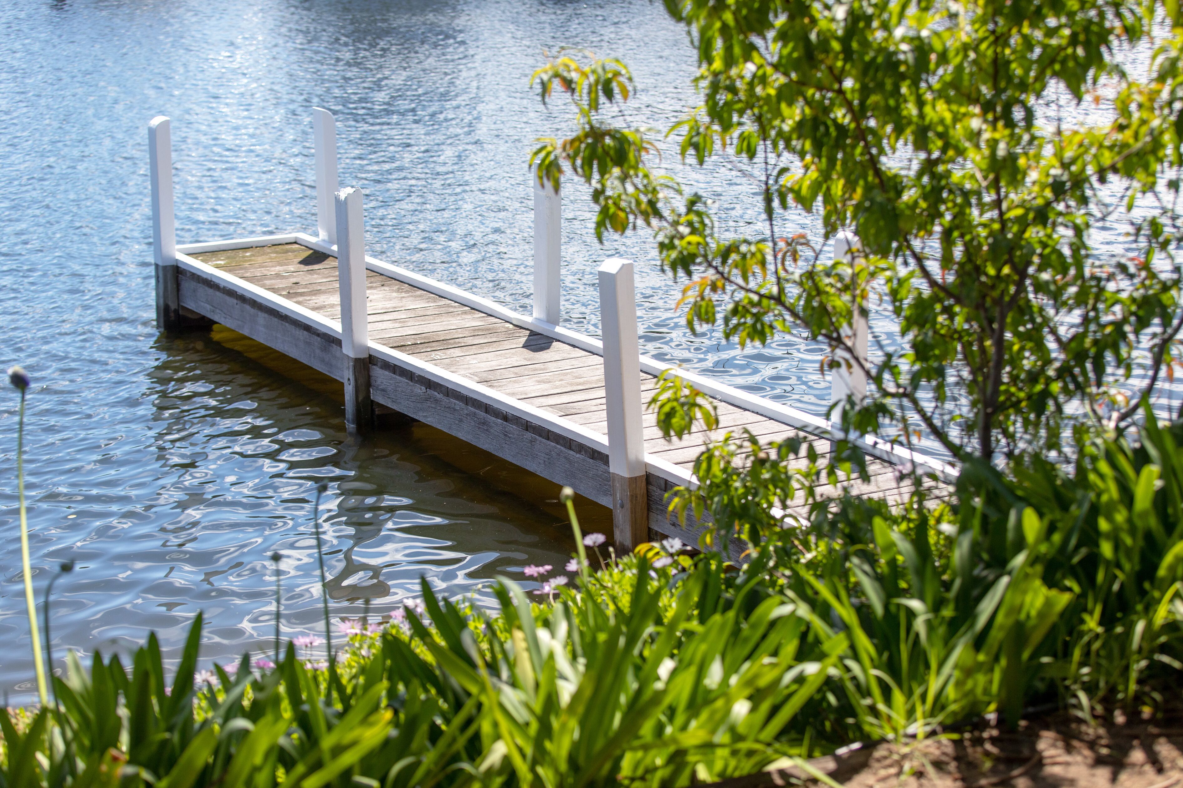 A wooden dock extending into calm water, surrounded by lush greenery.
