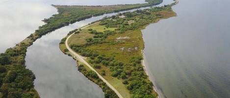 An aerial view of a coastal area with a curving road along the water's edge, surrounded by dense greenery.