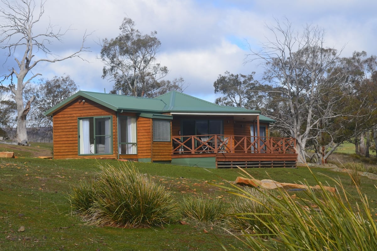 A wooden cabin with a green roof, a porch with a railing, and a grassy yard with trees in the background.