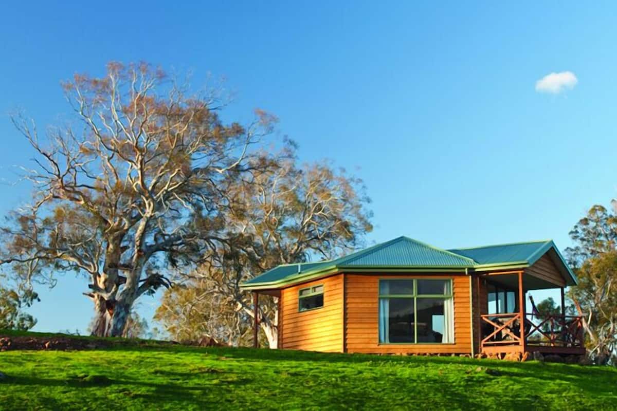 A wooden cabin with a green roof, large windows, and a deck area.