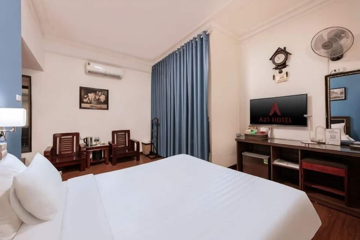 Ein Hotelzimmer mit einem Bett, zwei Stühlen, einem Schreibtisch mit einem Computer, einem Fernseher und einem Ventilator.