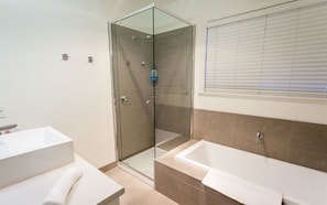 Separate tub and shower, free toiletries, hair dryer, towels