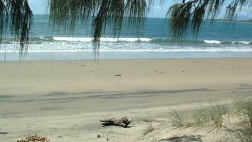 A beach with sand, waves, and sparse vegetation.