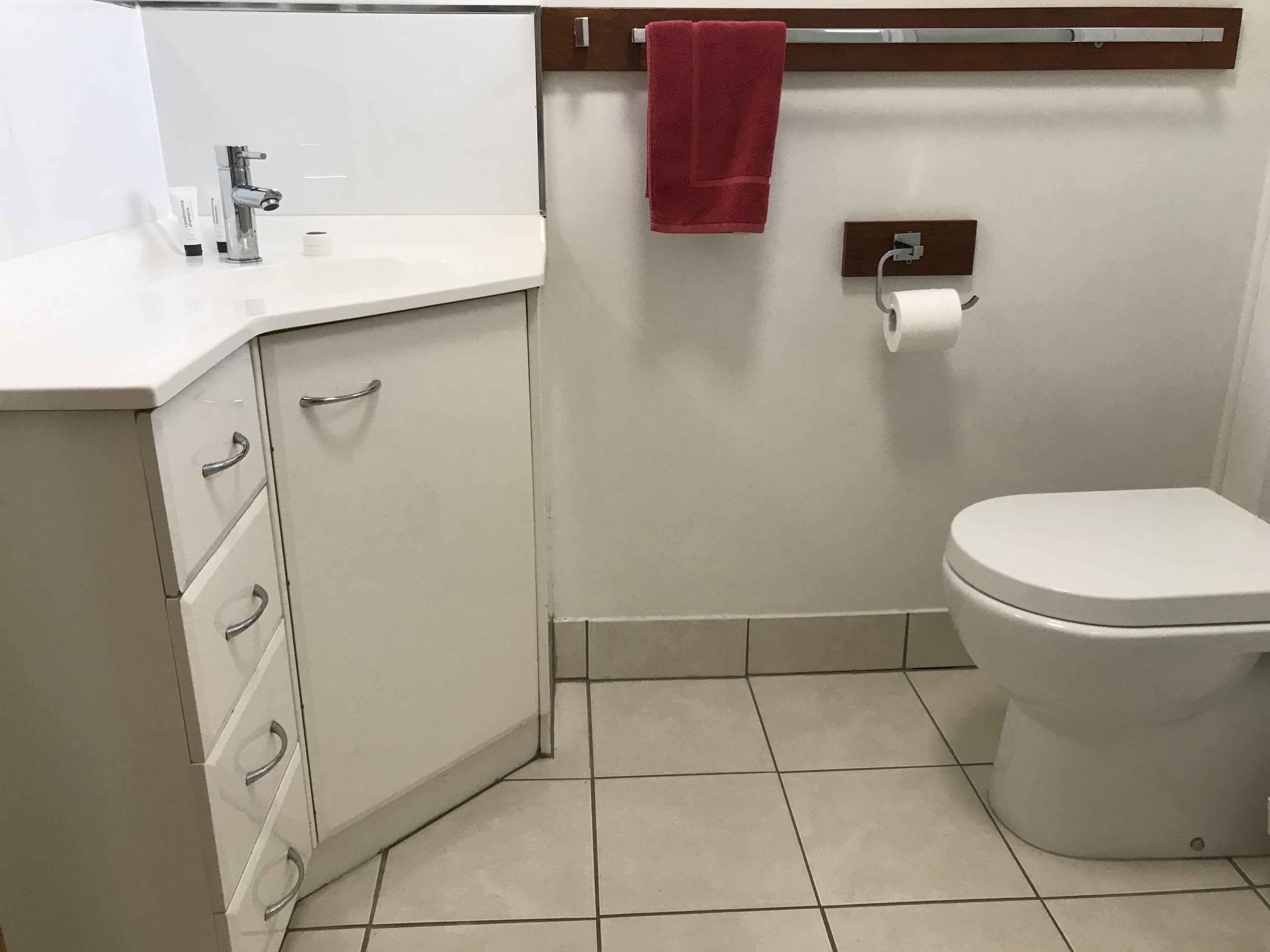 A bathroom with a white sink, a toilet, and a red towel hanging on a rack.