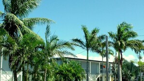 A building with a white exterior, surrounded by palm trees and a grassy area. - Ocean Breeze Units (Bowen)