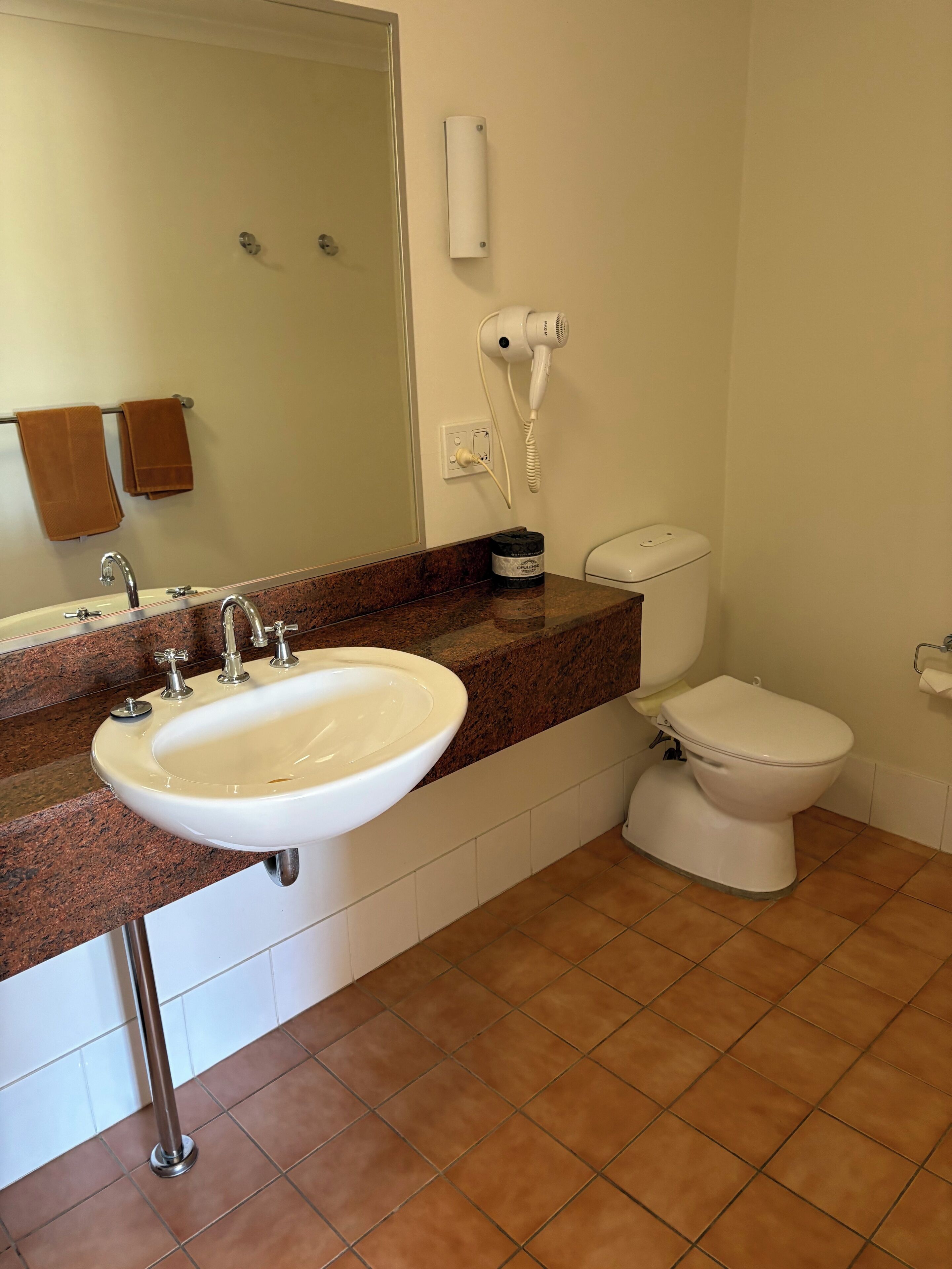 A bathroom with a sink, toilet, and hairdryer on a wall.