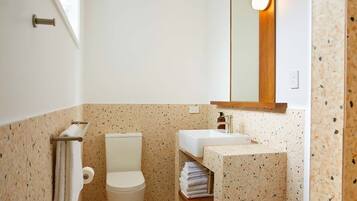 A bathroom with a toilet, sink, and mirror.