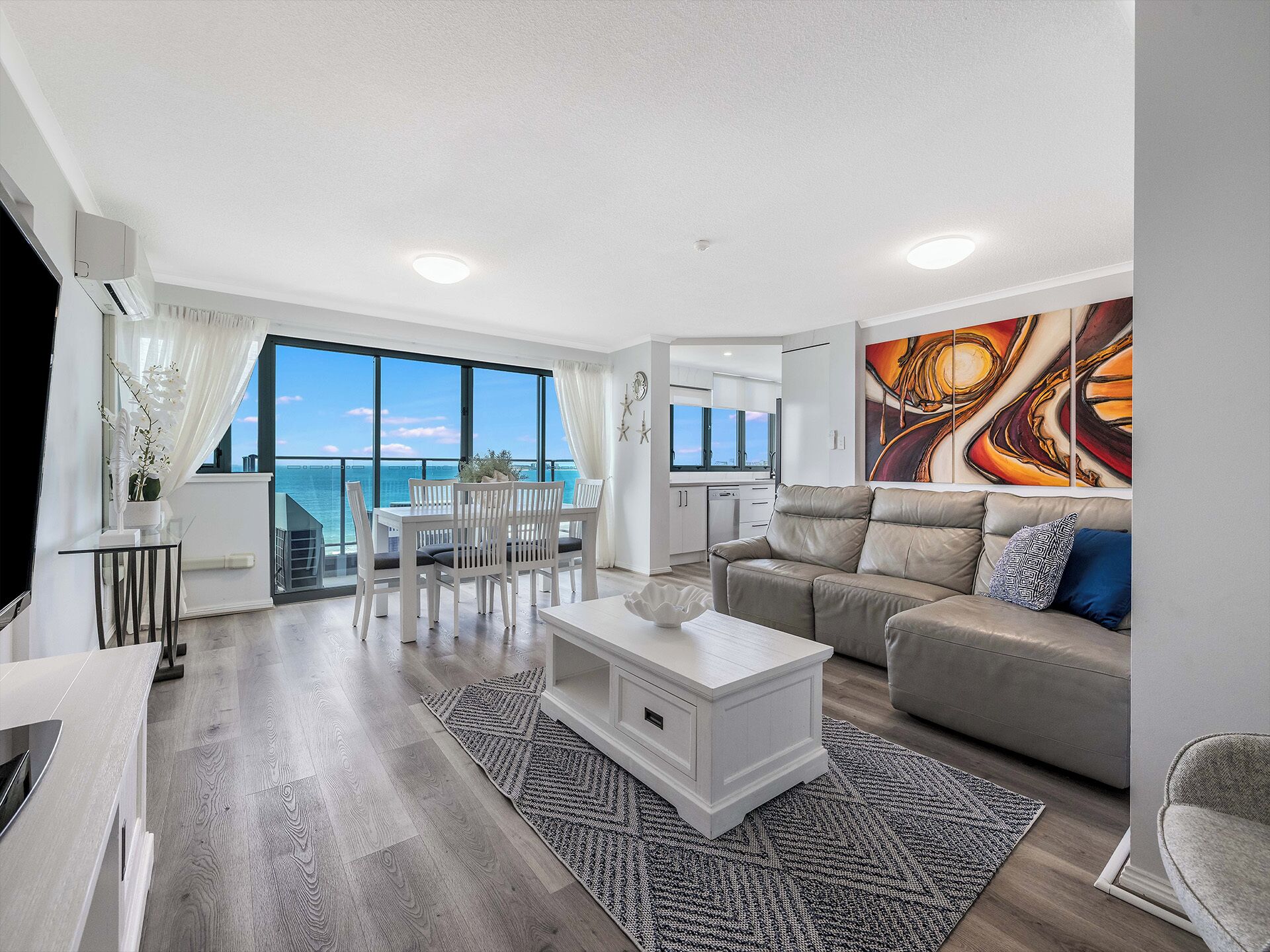 Beachfront Towers: 2 Bedroom High Floor Superior Ocean View ( Located at 4 Aerodrome Road) | Living area | 40-inch flat-screen TV with cable channels, TV, DVD player