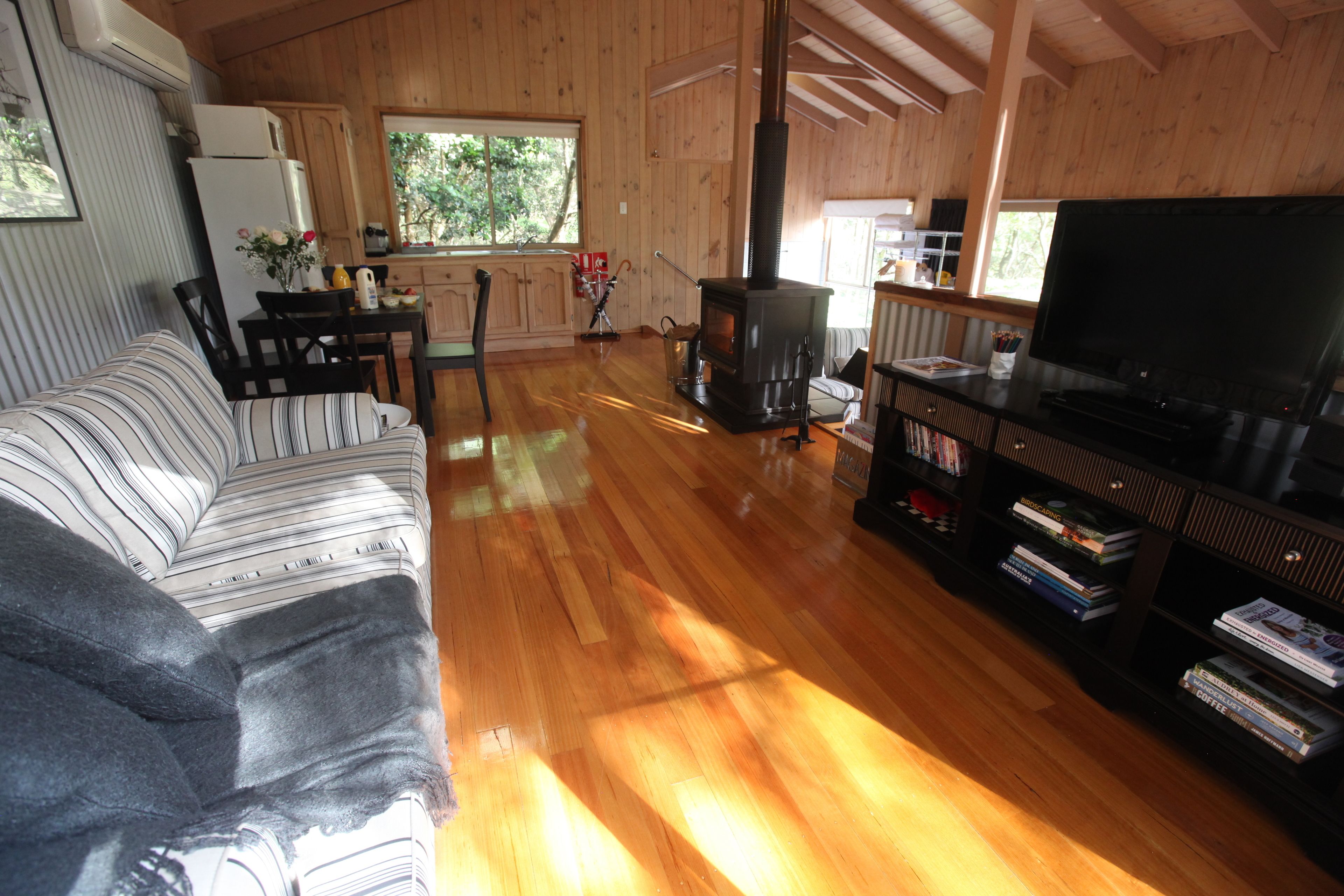 Flat-screen TV, fireplace, DVD player, first-run films